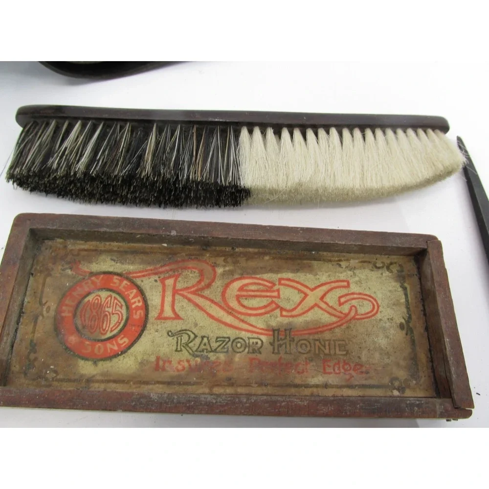 Vintge Barber Grooming Kit Straight Razor Brush Scissors Rex Raven Leather Strop